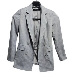 Zara Basic Grey Plaid Double Breasted Blazer Jacket Womens Size 2 Silver Buttons